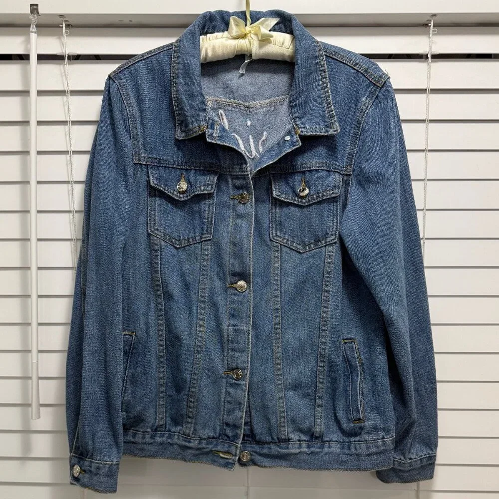David's Bridal embroidered "Bride" & flowers trucker/jean jacket; Size L - Picture 2 of 6